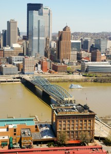 Monongahela Incline and Pittsburgh Skyline with Port of Pittsburgh and bridge