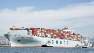 cosco shipping boat with shipping containers