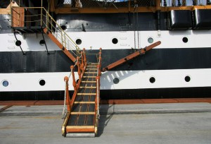 Wooden gangway on ship