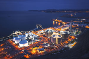 Well-lit seaside industrial facility in Bilbao